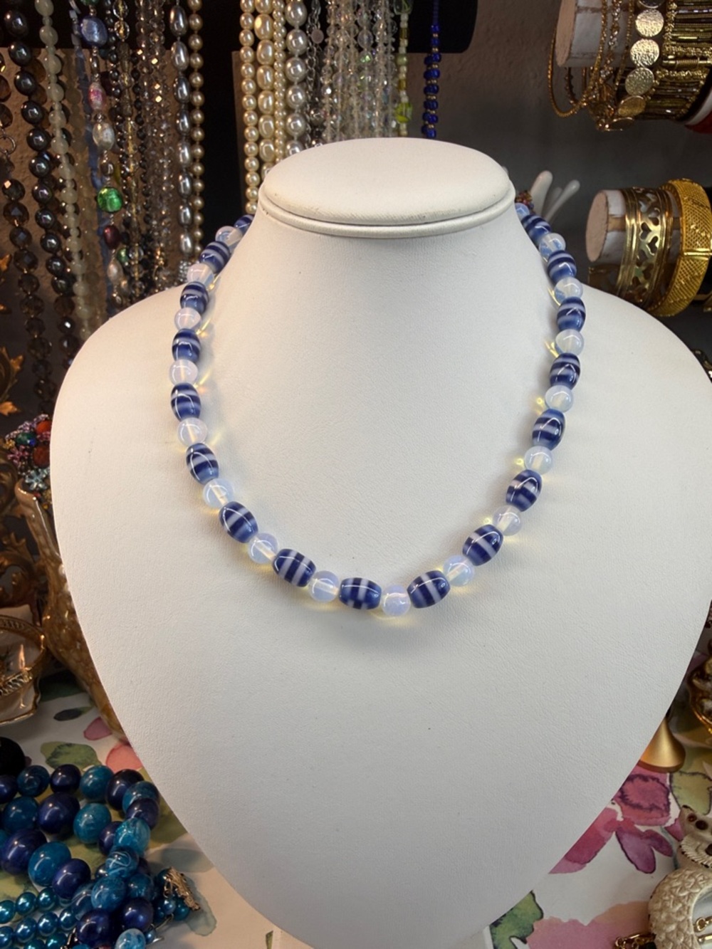 Vintage Handcrafted Blue Striped Glass Bead & Opalite Necklace 16”